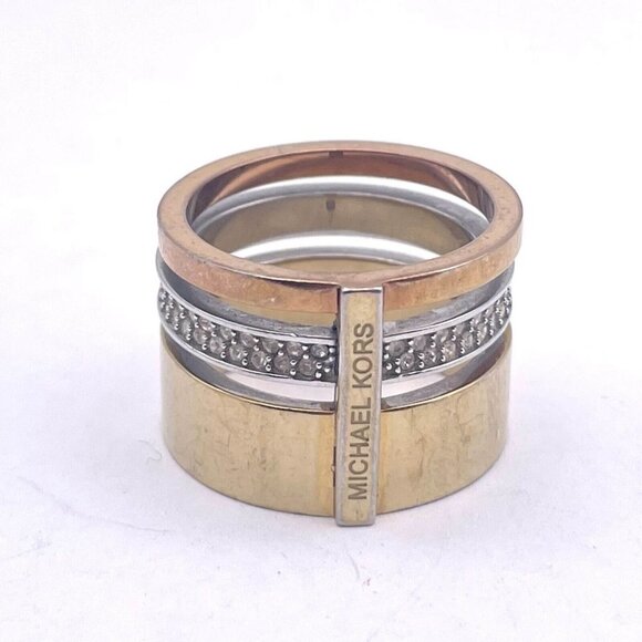 Michael Kors Metallic Tri Tone Pave Rhinestone Stack Barrel Ring Size 6 - Picture 2 of 8